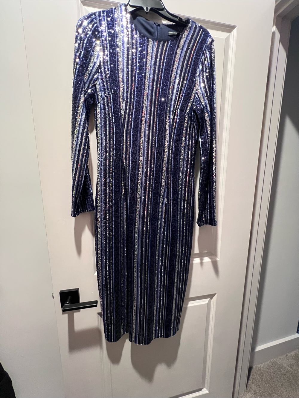 Maggy London Navy and Silver Sequin Long-Sleeve Midi Dress